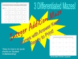 3 Differentiated Adding Integers Math Mazes! (Quick Check 