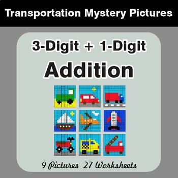 3-Digit + 1-Digit Addition - Color-By-Number Math Mystery Pictures