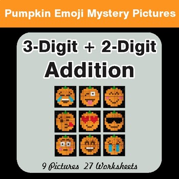 3-Digit + 2-Digit Addition - Color-By-Number PUMPKIN EMOJI Math Mystery Pictures