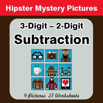 3-Digit - 2-Digit Subtraction - Color-By-Number Math Mystery Pictures