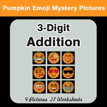 3-Digit Addition - Color-By-Number PUMPKIN EMOJI Math Mystery Pictures