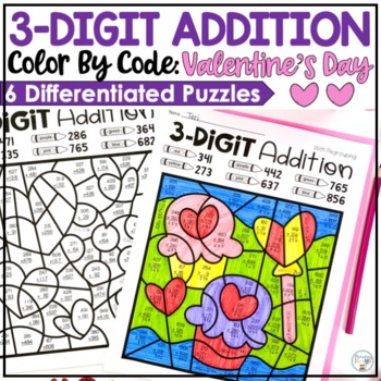 Preview of Valentine's Day color by number worksheets 3-Digit Add with & without regrouping