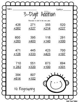 Preview of 3 Digit Addition Without Regrouping Practice Page