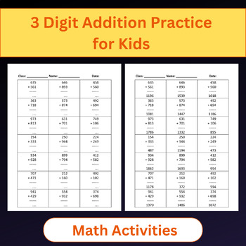 Preview of 3 Digit Addition Practice Worksheets For Kids