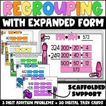 Preview of 3 Digit Addition Regrouping | Expanded Form Strategy | Digital Task Cards