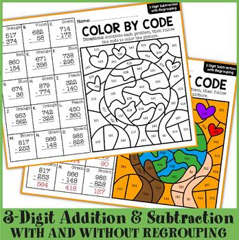 3-Digit Addition & Subtraction Earth Day Color By Number Math Sheets