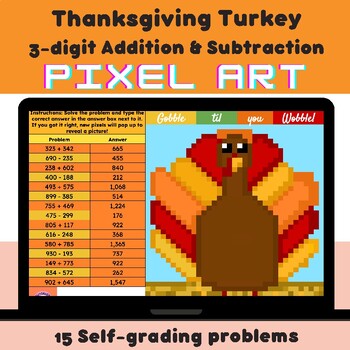 Preview of 3 Digit Addition & Subtraction | Thanksgiving Turkey Mystery Pixel Art