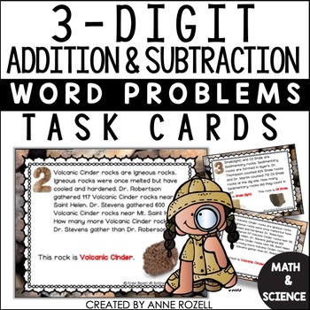 Preview of 3 Digit Addition Subtraction With Regrouping Science Word Problems Task Cards
