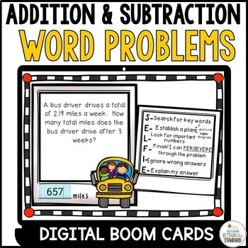 Preview of 3 Digit Addition & Subtraction Math Word Problem Boom Cards