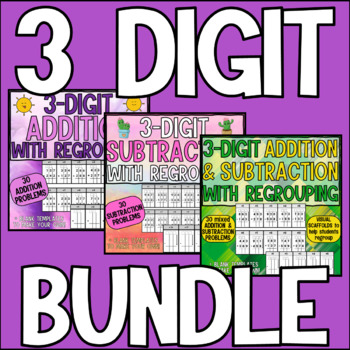 Preview of 3 Digit Addition & Subtraction with Regrouping Worksheets - PDF + Google Slides