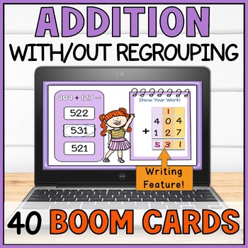 Preview of 3 Digit Addition With Regrouping & Without Regrouping Boom Card Digital Activity