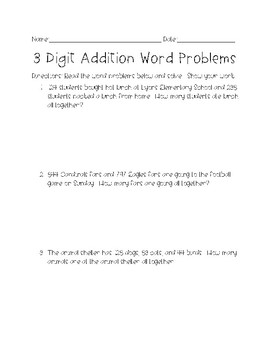 Preview of 3 Digit Addition Word Problems
