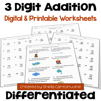Preview of 3 Digit Addition Worksheets - Differentiated with Word Problems