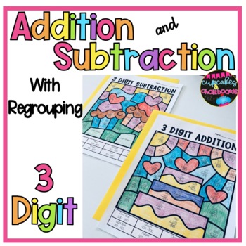 Preview of 3 Digit Addition and Subtraction Color by Number   Valentines Day Coloring Pages