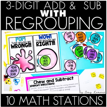 Preview of 3 Digit Addition & Subtraction with Regrouping Math Centers & Regrouping Games