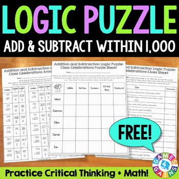 Preview of 3 Digit Addition and Subtraction With Regrouping Logic Puzzle - 2nd & 3rd Grade