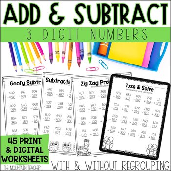 Preview of 3 Digit Addition and Subtraction Worksheets With and Without Regrouping