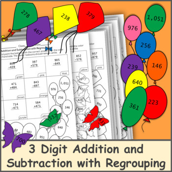 Preview of 3 Digit Addition and Subtraction with Regrouping Color by Number