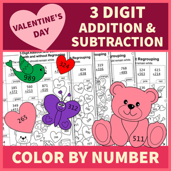 Preview of 3 Digit Addition and Subtraction Color by Number Valentine's Day