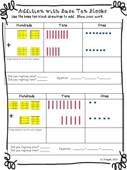 3 Digit Addition using Base Ten Blocks Worksheets by Gretchen Tringali