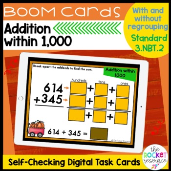 Preview of 3-Digit Addition with Regrouping BOOM™ Cards | Fall Addition | 3.NBT.2