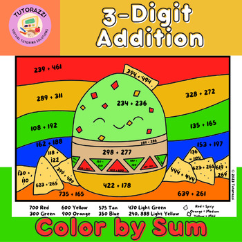 Preview of 3-Digit Addition with Regrouping | Chips & Guacamole Color by Sum Worksheet