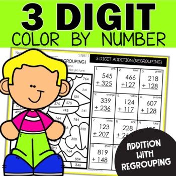 Preview of 3 Digit Addition with Regrouping Color by Number Math Pages | Coloring Pages