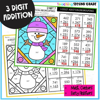 3 Digit Addition with Regrouping Color by Number Winter January Morning ...