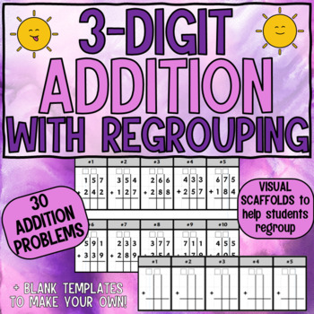 Preview of 3-Digit Addition with Regrouping Worksheets (Printable + Google Slides included)