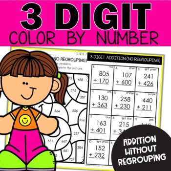 Preview of 3 Digit Addition without Regrouping Color by Number Math Pages Pets