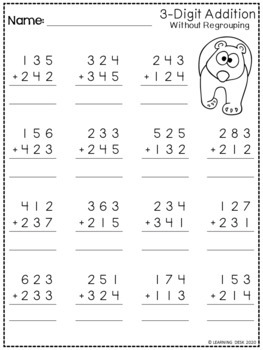 3 Digit Addition Without Regrouping Worksheets by Learning Desk | TpT