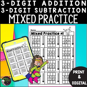 Preview of 3 Digit Addition Subtraction Worksheets | Mixed With and Without Regrouping