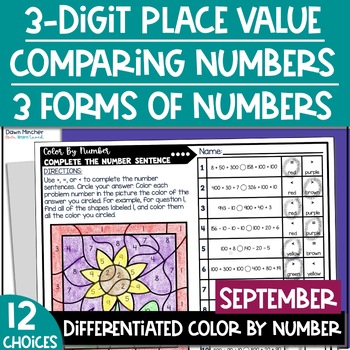 Preview of September Color by Number Expanded Form Practice Place Value Coloring Worksheets