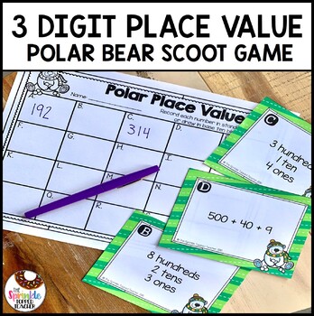 Preview of 3 Digit Place Value Task Cards | Polar Bear Scoot Game
