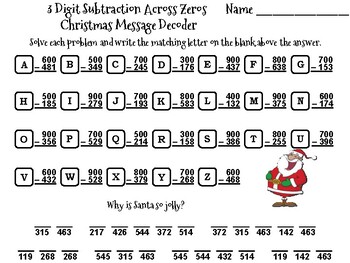 3 Digit Subtraction Across Zeros Game: Christmas Math Message Decoder