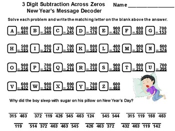 3 Digit Subtraction Across Zeros Game: New Year's Math Message Decoder