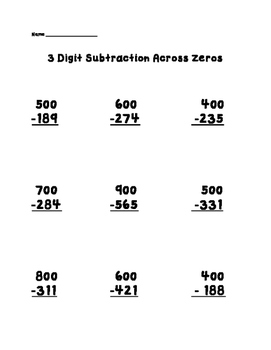 3 Digit Subtraction Across Zeros Worksheet by TeacherLCG | TpT