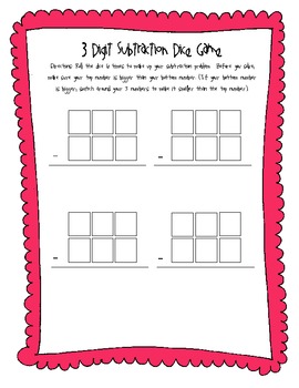 Preview of 3 Digit Subtraction Dice Game