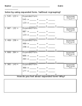 Preview of 3-Digit Subtraction Expanded Form Worksheet