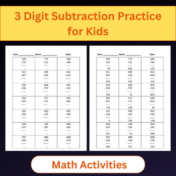 Preview of 3 Digit Subtraction Practice Worksheets For Kids