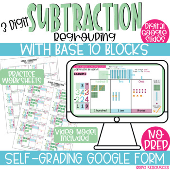 Preview of 3 Digit Subtraction Regrouping Base 10 Blocks Google Slides Digital Math Center