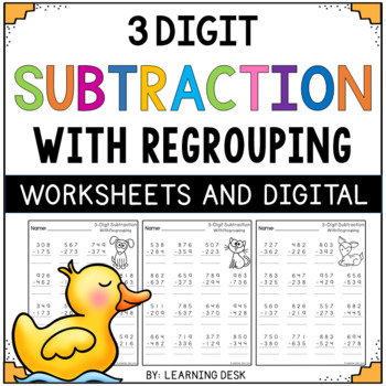 Preview of 3 Triple Digit Subtraction With Regrouping Worksheets and Google Slides