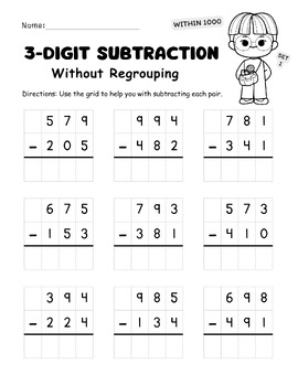 Preview of 3-Digit Subtraction Within 1000 Worksheets (With and Without Regrouping)