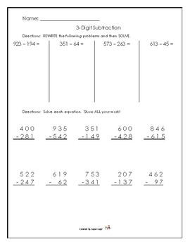 Preview of 3-Digit Subtraction Worksheet