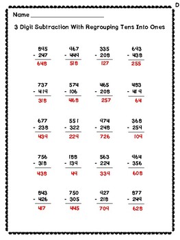 3 digit subtraction worksheets regrouping tens to ones with answer key