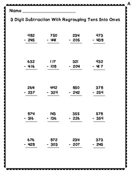 3 digit subtraction worksheets regrouping tens to ones