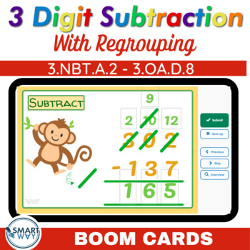 Preview of 3 Digit Subtraction with Regrouping Boom Cards 3.NBT.A.2, 3.OA.D.8