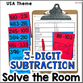 3 Digit Subtraction with Regrouping - USA Theme Solve the Room