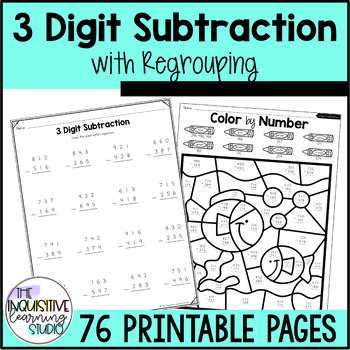 Preview of 3 Digit Subtraction with Regrouping Worksheets | Triple Digit Subtraction