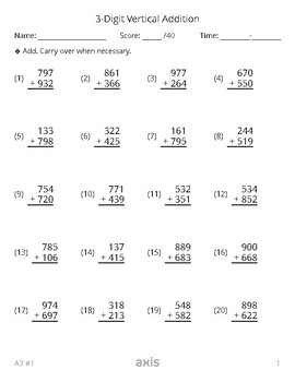 3-Digit Vertical Addition by Axis Math Worksheet Generator | TPT